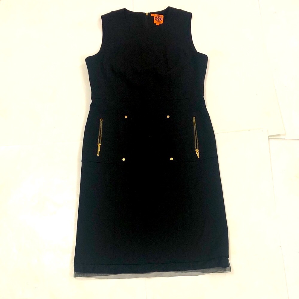 Tory Burch 12 Dress Black Wool Sleeveless Gold Zipper Pockets & Design Excellent